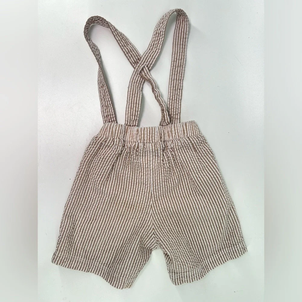 Mud Pie Tan White Striped Seersucker Suspender Shorts Size 12-18 Months